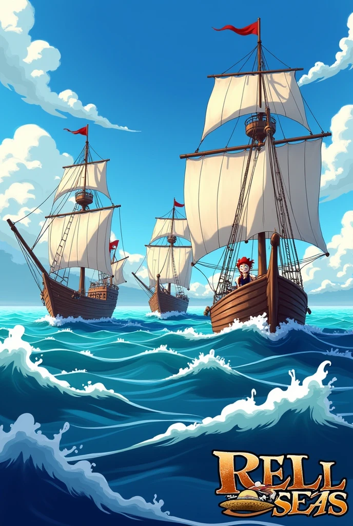 A roblox game icon  , one piece anime style with boats and on the bottom right corner , "Rell Seas" needs to be shown with a fitting font. (there should be no characters)