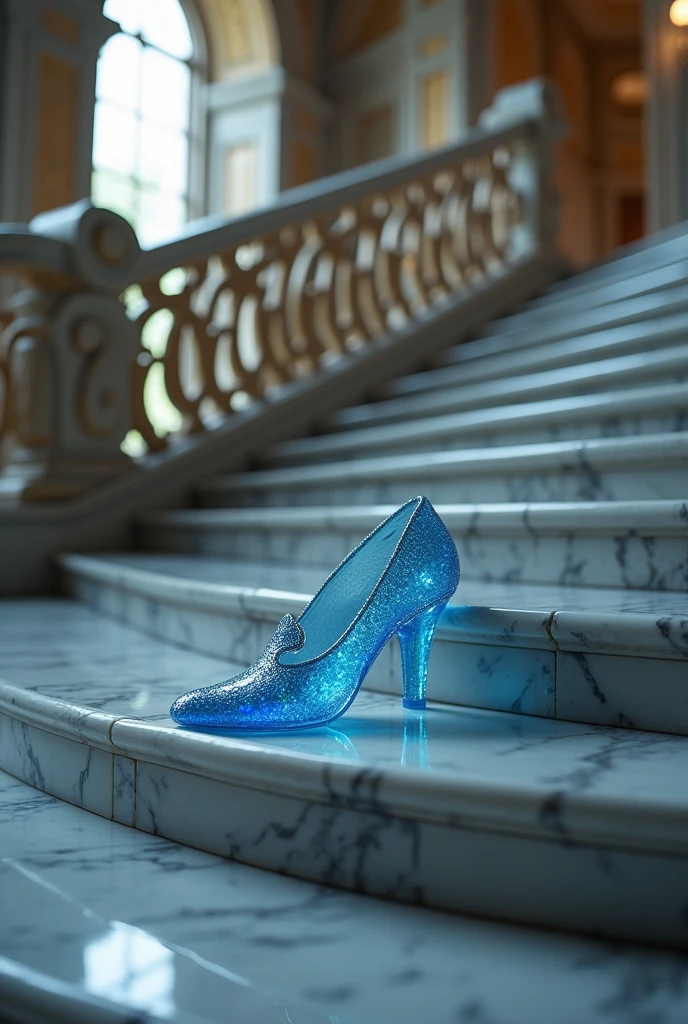 blue glass slipper on the Palace stairs