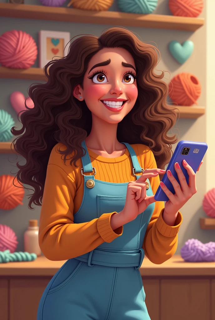 Pixar style drawing of a brunette, with long curly hair, Grinning, wearing a jumpsuit, holding a cell phone showing me the message that is on the cell phone, with the other hand making a heart sign, a studio backdrop with shelves full of balls of yarn and hearts 