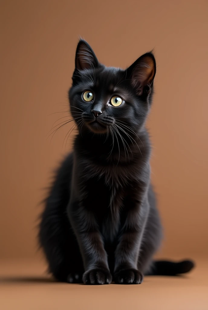 a beautiful black cat, slightly kitten, he is sitting sideways, isolated on a brown background, not very furry