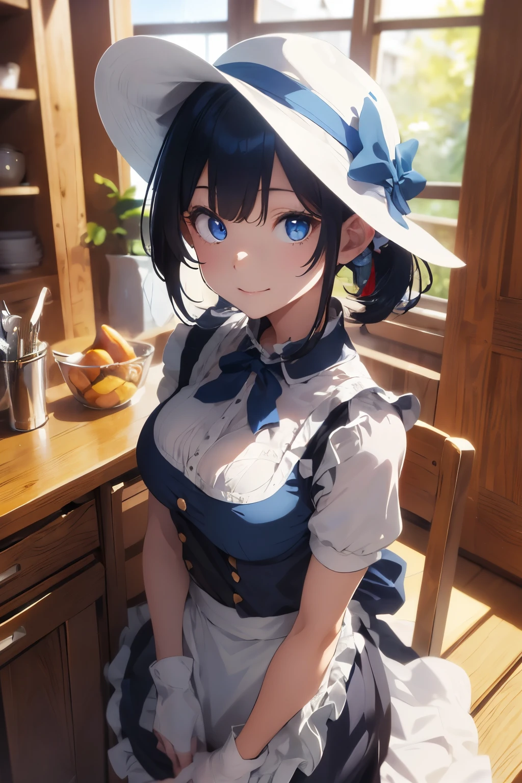 ((Top Quality)), ((Excellent)), (Details), ((Japanese)), Ultra-Realistic, Stunning Environment, Vivid Colors, , Black Hair, (Young Face), ((Straight Hair)), Shiny Hair, Medium Breasts, ((White Maid Outfit)), ((French Maid)), ((White Brim)), ((from_side)) , ((From Above)), ((Blue Eyes)), Half-Smiling, Upper Body, Shiny Hair, Blunt Bangs, ((Medium Breasts)),((Emphasized Cleavage)) , ((Leaning Forward)), ((Blue Eyes)), Masterpiece, Ultra-Realistic, ((Upper Body)), Outdoors, Grassland, Flower Field, Natural Light, Vivid Colors,