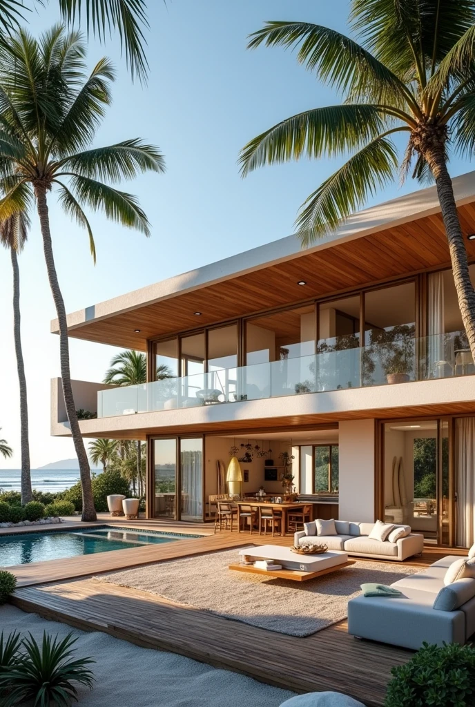 Stylish and stylish surfer's beach house located near the ocean.Large windows and open design, natural wood and white interior.Surfboards are displayed inside and a wooden deck and hammock outside.Spacious living space surrounded by palm trees and tropical plantings.Modern kitchen with island countertops, outdoor shower and surf gear storage space.Relaxing lounge chairs and café tables, beach-inspired artwork and decor, and beautiful ocean views from the windows.Simple and sophisticated furniture arrangement with plenty of natural light, accented by soft, beach-colored cushions and rugs.