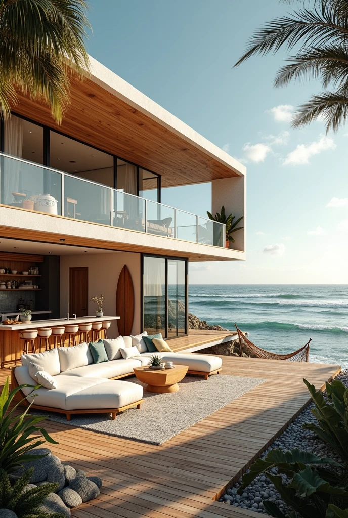 Stylish and stylish surfer's beach house located near the ocean.Large windows and open design, natural wood and white interior.Surfboards are displayed inside and a wooden deck and hammock outside.Spacious living space surrounded by palm trees and tropical plantings.Modern kitchen with island countertops, outdoor shower and surf gear storage space.Relaxing lounge chairs and café tables, beach-inspired artwork and decor, and beautiful ocean views from the windows.Simple and sophisticated furniture arrangement with plenty of natural light, accented by soft, beach-colored cushions and rugs.