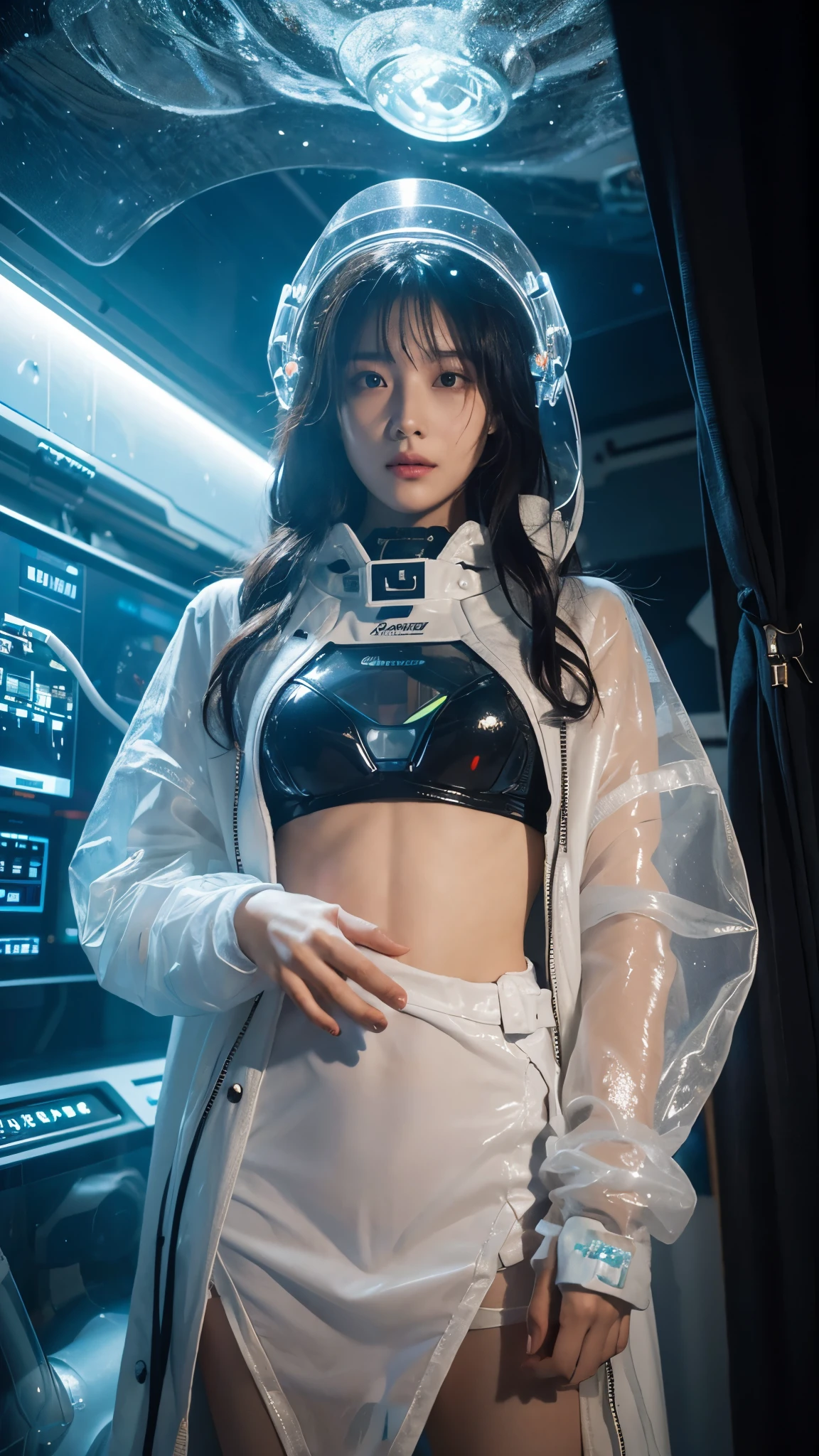 DSLR full color photo, a cyberpunk alien crystalline spaceship with amazingly intricate details, crystal forms can be seen in the background, lights, steam, fog rise from the ship, an alien female wearing a complex revealing spacesuit, she is sexy but still alien, lots of gadgets and alien glyphs, her transparent visor shows human details that have departed from earth humas eons ago
Dark, chiaroscuro, low-key