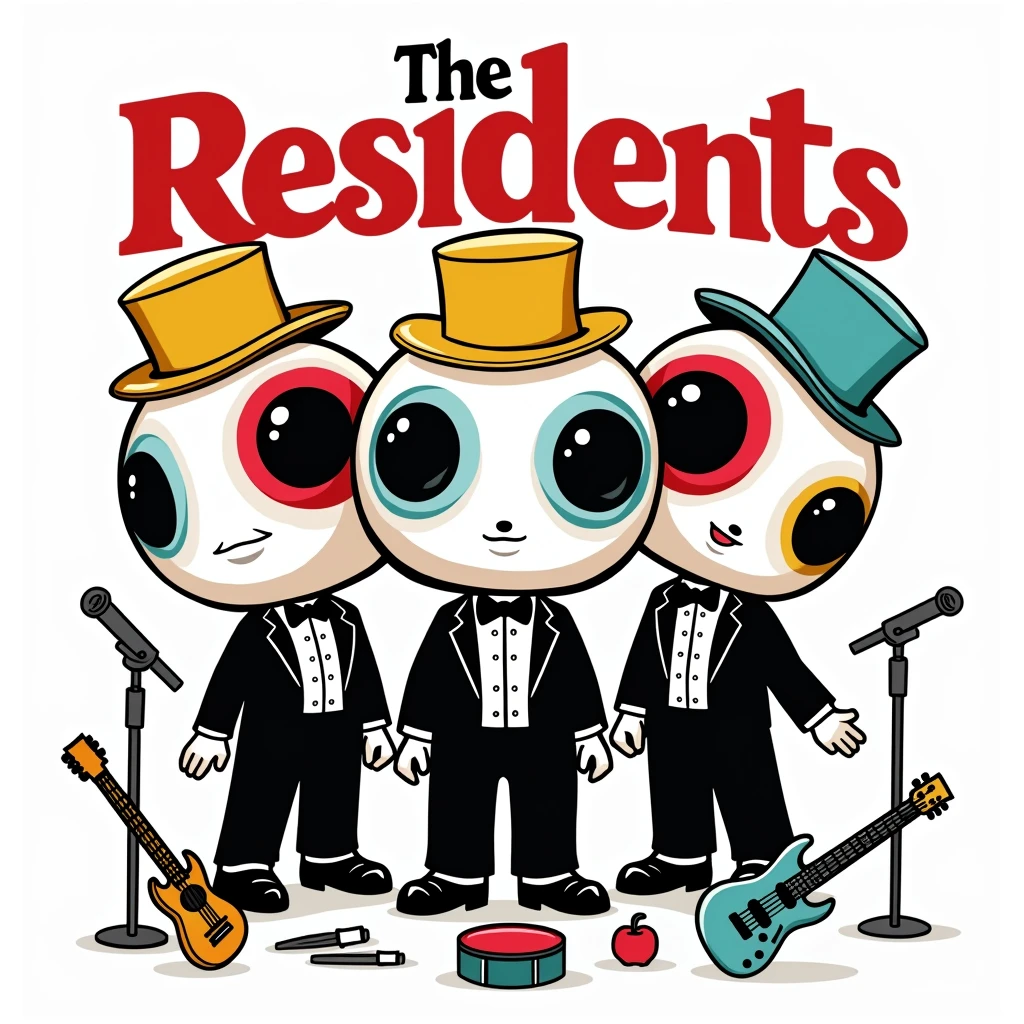 Bold, graphic DTG print with LOL doll-style figures, top hats, tuxedos, and accessories in playful sophistication. Title 'The Residents' above in bold, playful font. Colorful and vibrant, with flat colors and clear lines.
Image: Three LOL doll figures in oversized eyeball heads, tuxedos, and top hats. Surrounded by simplified LOL doll accessories: microphone, guitar, and drum. 'The Residents' title arched above. Colors: white background, black outlines, tuxedos, and title; red iris; golden yellow top hats; teal accessories. Ample space between elements.