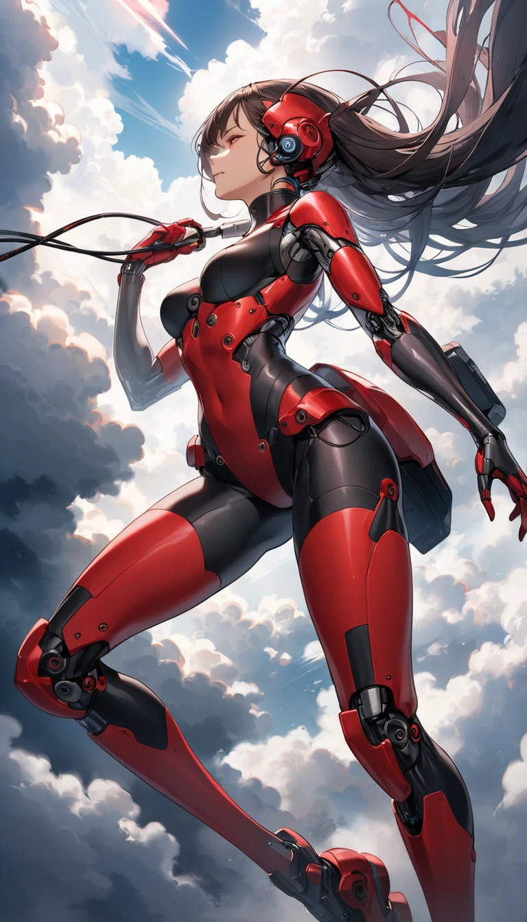 Red and black cyborg woman plugging into the cloud.