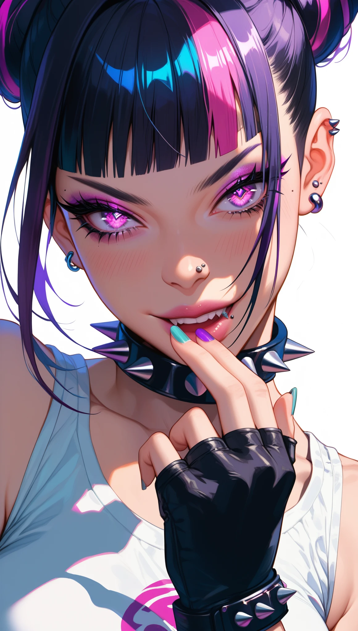 (score_9,score_8,score_7_up,score_6_up),
hungry_clicker,street_fighter,street_fighter_6,han_juri,1girl,alternate_hairstyle,aqua_nails,black_gloves,black_hair,blush breasts,collar collarbone,((Face in shadow:1.3),chiaroscuro,diffraction spikes:1.3)
(diffraction spikes eye,brow piercing:1.5),eyelashes,eyeshadow,fingerless_gloves,fingernails gloves,glowing,glowing_eye,lip_piercing,looking_at_viewer,
makeup,multicolored_hair,parted_lips,piercing,purple_eyes,purple_hair,red_eyeshadow,short_hair,simple_background,solo,spiked_collar,spikes streaked_hair,upper_body,white_background,smug