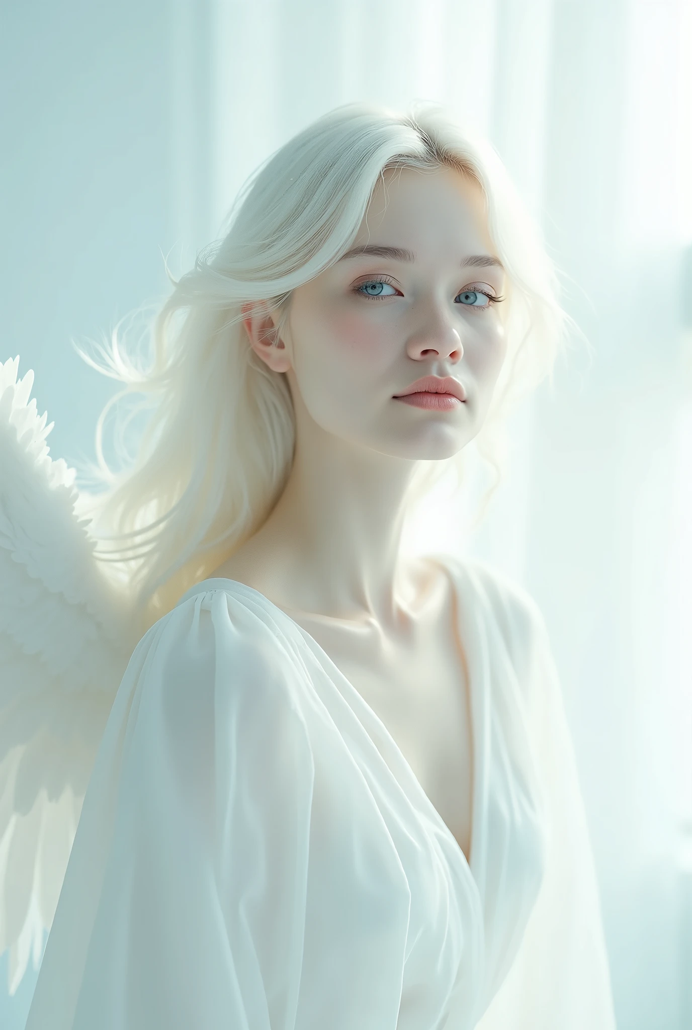 (((White Background:1.3)))、(((One albino woman、Cute Face、Cute Woman、Angelの羽、Angel))), ,(((The eyes are light blue:1.3)))、White Dress、((White shirt:1.3、White Block Dress)), Tyndall effect, Realistic, Shadow Studio,ultramarine、illumination, デュアルトーンillumination, (Skin with attention to detail: 1.2)、薄暗いillumination、暗いillumination、 photograph, High resolution, 4K, 8k, Background Blur,Beautiful fade out、White world、White Background