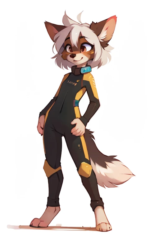 (((White background, no background))), High quality, 8K, by kenket, by swaybat, by reysi, by Zackary911, by hyattlen, by teranen, by fumiko, by Pixelsketcher, by Bayard Wu, by Einshelm, by Kilinah, by Hioshiru, by fluff-kevlar, by Dimwitdog, Furry, Anthro, solo, ((australian shepard)), ((female)), ((young)), fluffy tail, ((slender)), ((short white hair)), short, breasts, scuba body suit,