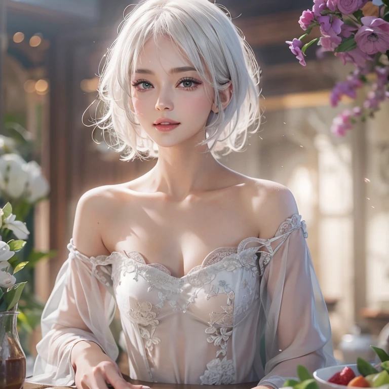 (masterpiece:1.3), (8k, Realistic, RAW Photos, Best image quality: 1.4), Fair-skinned fairy woman、short hair、Cleavage:2.0、Highly detailed face、Attention to detail、double eyelid、Sharp focus:1.2、Beautiful woman:1.4、Silvery white hair、Highest quality、masterpiece、Ultra-high resolution、(Realistic:1.4)、Highly detailed and professionally lit smiles、Loose, Light, One person、whole body,　I eat a healthy breakfast 