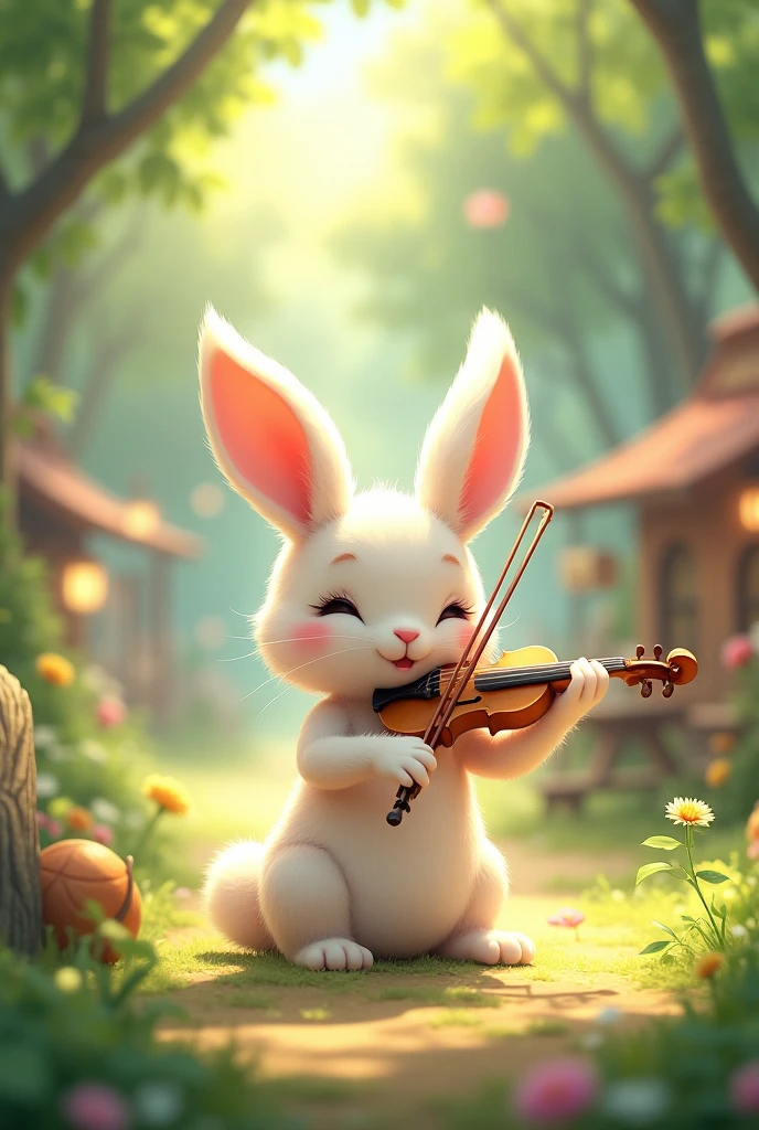 in the forest, Playing the violin, Animal rabbit, Cafe, Street view, ((1 baby rabbit:1.3)), (((There is no one:1.5))), (((People are not drawn:1.5))),Full HD, 詳細なbaby rabbit, ヴァイオリンを弾くbaby rabbitのイラスト, baby rabbit, baby, Volumetric Light, Ultra-realistic, Cute Chibi, Shallow depth of field, Pastel Color Palette, Soft lighting, Highly detailed drawing,バイオリンを弾くbaby rabbit,High Contrast,Photon Mapping,Glitter
