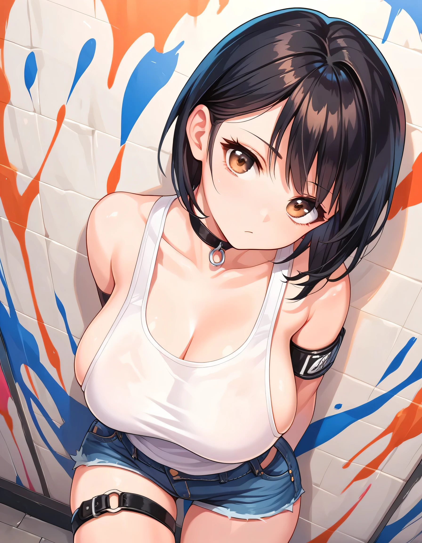 black hair,brown eyes,solo, tank top, denim shorts, choker, graffiti paint splatter, arms behind back, (slouching), leaning back, against wall, looking at viewer, armband, thigh strap, streaked hair, paint on body, upturned eyes, head down, head tilt, (from above), bored,expressionless, sideboob, (big breasts),