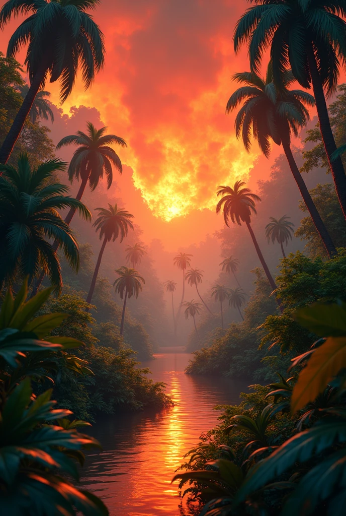 Amazon rainforest with forest fires drawing pixar style