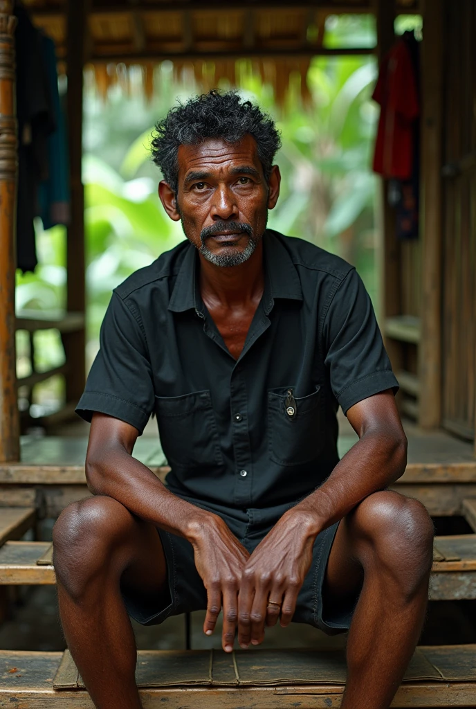 Photorealism 1.4 realistic realism high detailed definition Malaysian orang asli man  native aborigines wearing black tears shirt short sitting on stairs withe her  bamboo floor bamboo hut leaf roof at the jungle  clothes hanging at back dark skin curls short hair waving bamboo wall on ground wet ground after rain morning mode