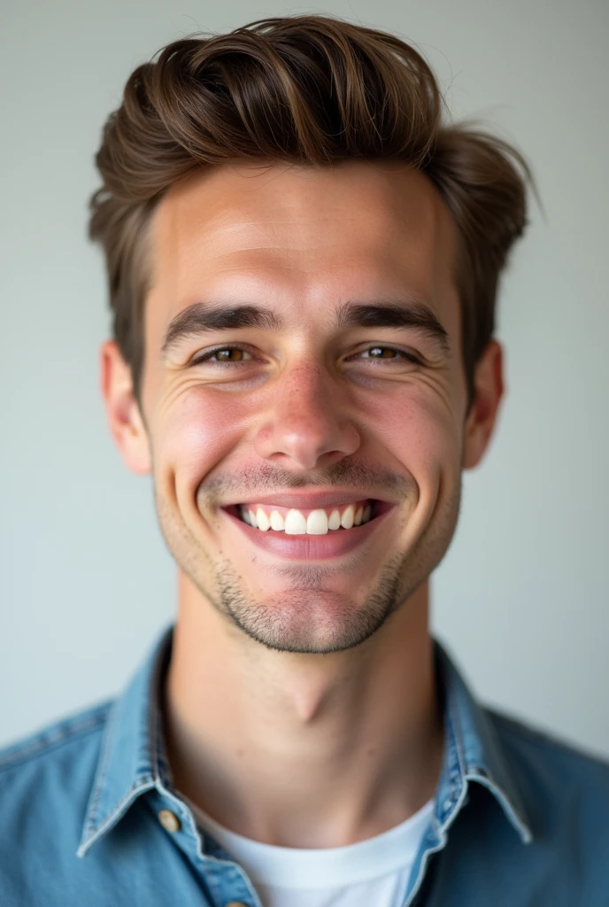 young man with brown hair smiling, stock photo