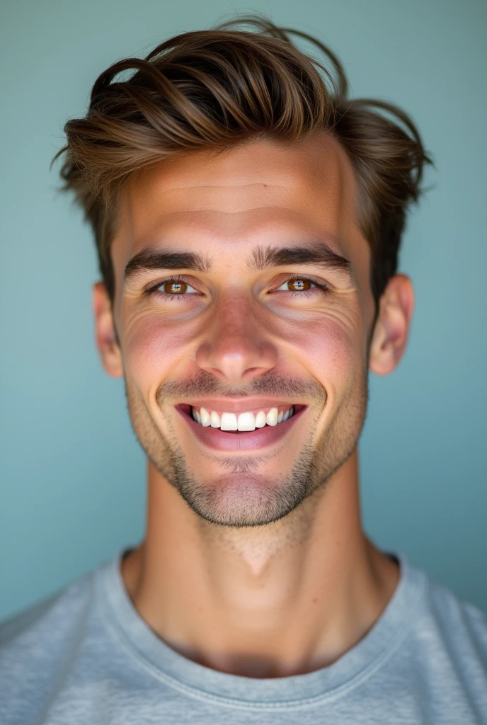 young man with brown hair smiling, stock photo