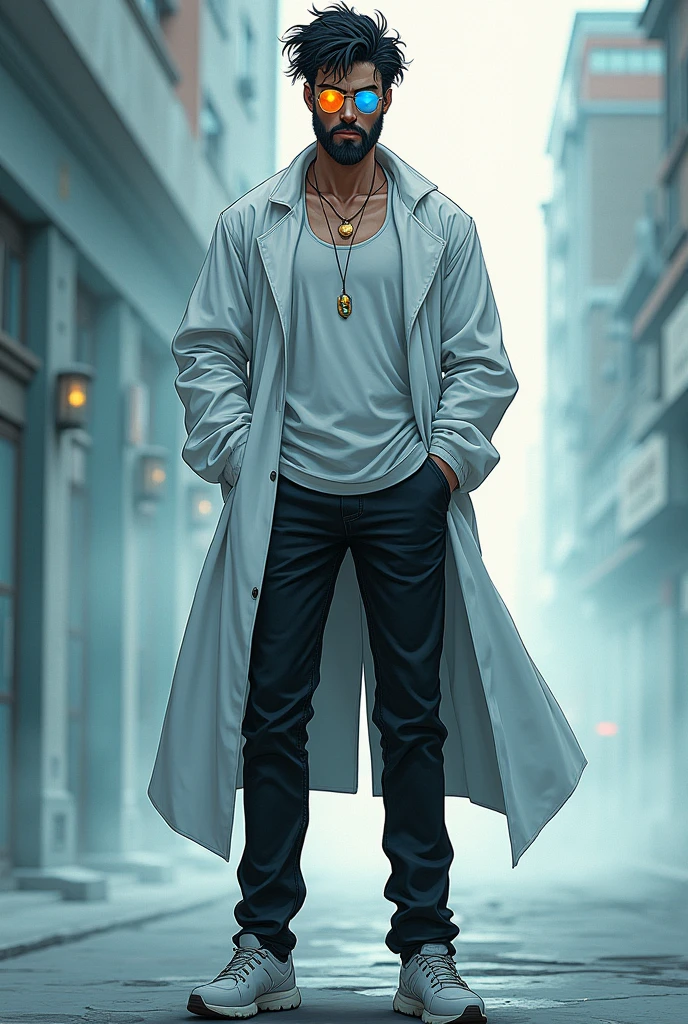 ((((Masterpiece, hiquality, absurdress), ((1male)), black hair, straight hair, Short Hair Hair, gray eyes, a perfect face, sports body , ((Best Quality)), ((Masterpiece)), (Detailed:1.4), Detailed eyes and face, in the rain, A wet shirt sticks to the body, wet pants, wet hair, Stand barefoot in a puddle, Black Sky, lightning all over the sky, It's raining heavily, The city, Street, The road is covered with puddles, Look at the sky, Admire the lightning, Wet wolf walking along the road,