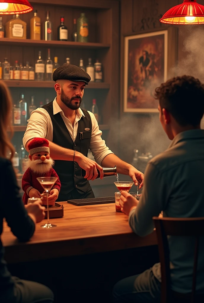 A bar in which a Catalan waiter with a barretina serves customers Molotov cocktails alongside a cagatión