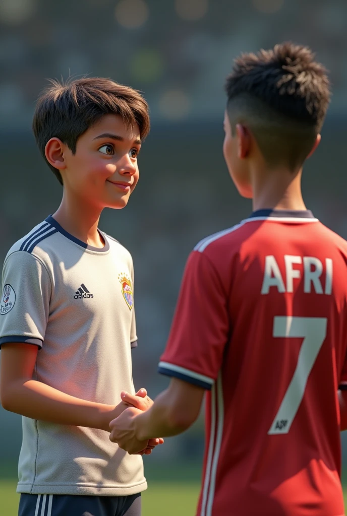 A smart boy shaking his hand with  Cristiano Ronaldo and behind of that smart boy’s jersey named as AFRI and number 7