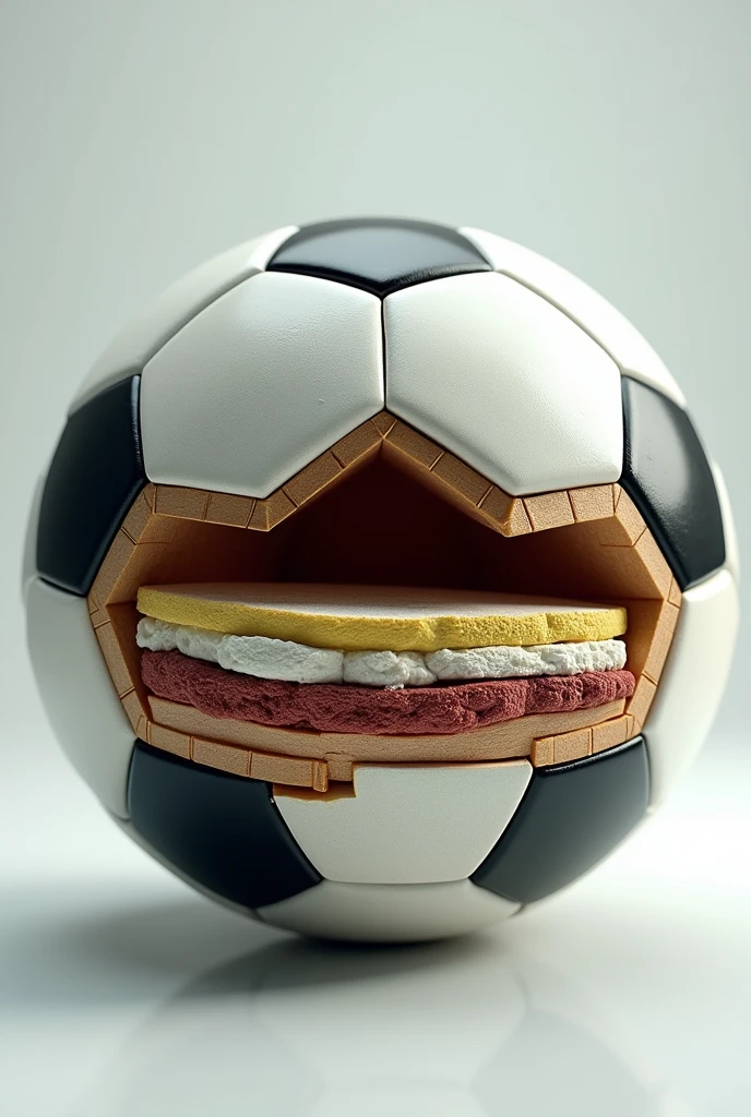 uma bola de futebol, that the upper half is normal, but the bottom half is showing the layers of the ball like in an exam.