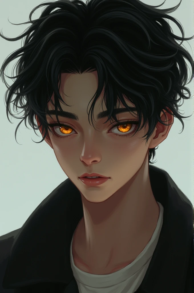 A age male with black hair and honey-colored eyes,
