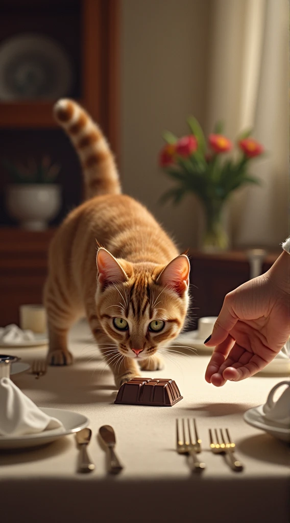 A cat curiously sniffing a chocolate bar placed on a dining table. The owner is seen quickly reaching to take the chocolate away, highlighting the urgency and concern for the cat’s safety.
