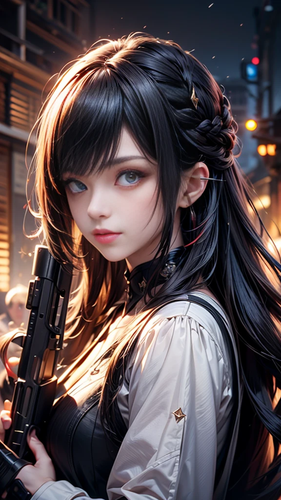 Woman holding a gun、Reddish-black hair、Long Hair、The muzzle is pointed at us.。masterpiece,best quality,ultra detailed,high-resolution,8k portrait,unity 8k wallpaper,extremely detailed CG unity 8k wallpaper、Film Style