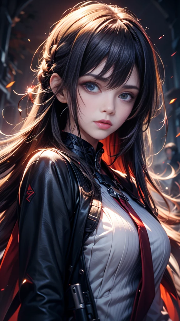 Woman holding a gun、Reddish-black hair、Long Hair、The muzzle is pointed at us.。masterpiece,best quality,ultra detailed,high-resolution,8k portrait,unity 8k wallpaper,extremely detailed CG unity 8k wallpaper、Film Style