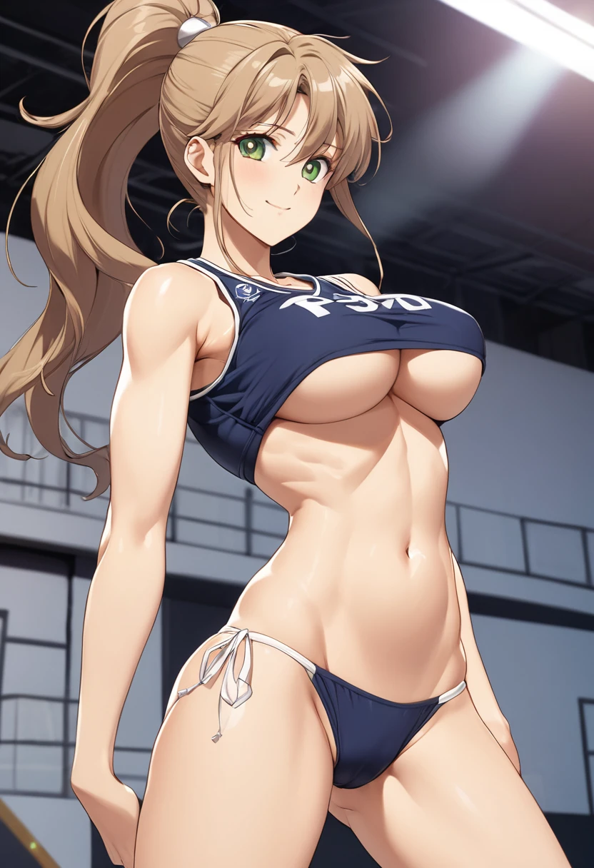 Highest quality, Great quality, 16K, Unbelievably absurd, Very detailed, 2.5D, delicate and dynamic, (Makoto Kino),Small face, Very delicate look, Delicate eye depiction, Very Fine Hair, erotic, sexyな女性, Healthy body shape, Volleyball player uniform height: 175cm, Light brown long hair,ponytail、A sparkling smile,sexyな長い脚, Glowing Skin, The background is the gymnasium,1990s \(style\),、(F-cup beautiful breasts)、Muscular、sexy,Cinema Lighting, (完璧なGlowing Skin:0.6),Always high quality CG Unity 8K wallpapers