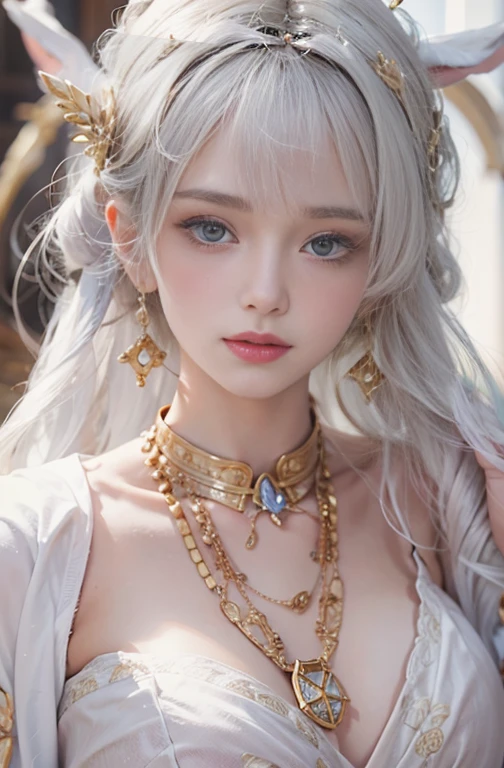 1, Close up portrait of woman in Ancient Greek clothing 、Shoulder out、thin、Serious expression、Short-haired、Deadly position, Gorgeous Necklace, Light milky porcelain skin, Smooth, Translucent white skin, Enchanting anime girl, Beautiful and seductive anime woman, Ultra realistic sweet bunny girl, Pale, porcelain-white skin, Smooth, Realistic and perfect body, Anime Girl Cosplay, Perfect body with realistic shadows, Switzerland'masterpiece, Hugging a cute white rabbit