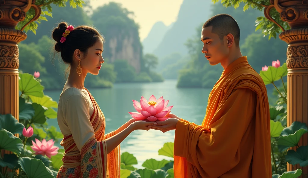 Beautiful woman Cambodia give lotus flower to handsome monk