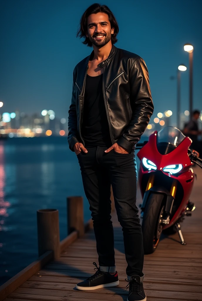 
a handsome Indian man with shoulder length hair, wearing a black tank top, leather jacket, long tight jeans and sneakers, standing on a wooden
pier at night, with a Ducati Panigle Bik, with a beautiful view at night, calm sea water and from a distance the sparkling city lights at night, realistic, cinematic, photographic, Smilling at camera