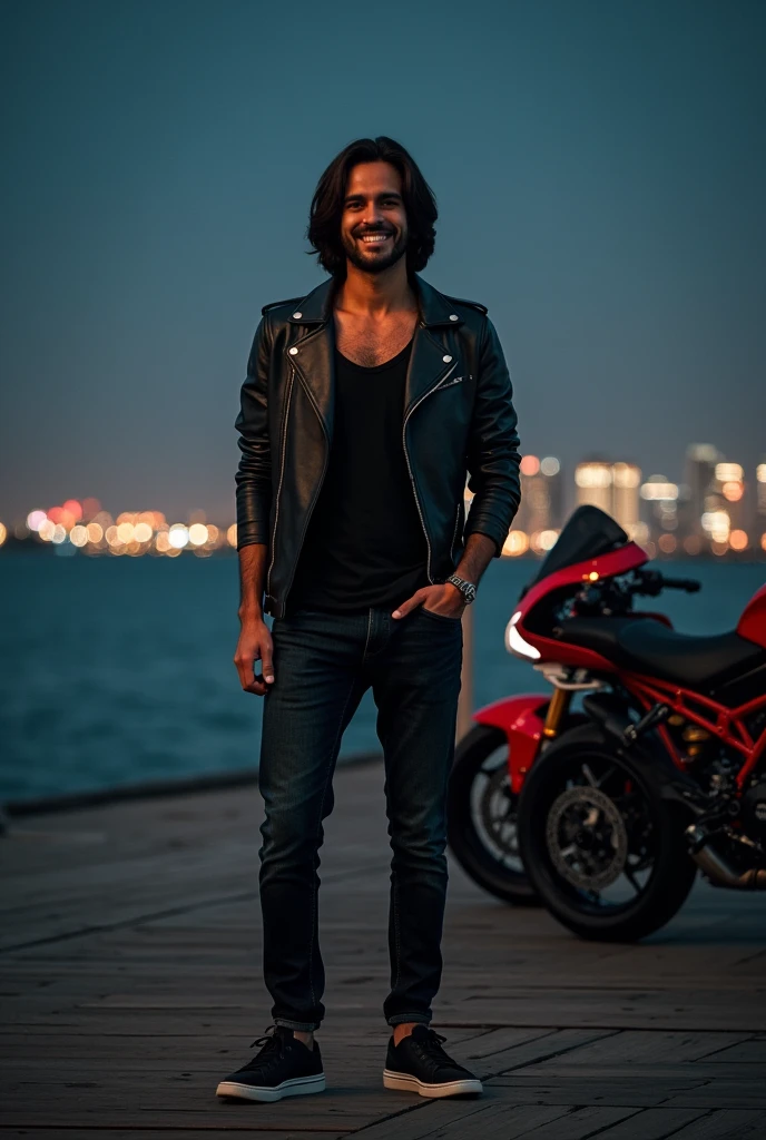 a handsome Indian man with shoulder length hair, wearing a black tank top, leather jacket, long tight jeans and sneakers, standing on a wooden
pier at night, with a Ducati Panigle Bik, with a beautiful view at night, calm sea water and from a distance the sparkling city lights at night, realistic, cinematic, photographic, Smilling at camera