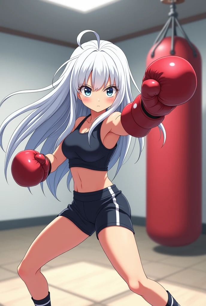 Anime girl with white hair and dark black eyes is practicing boxing.