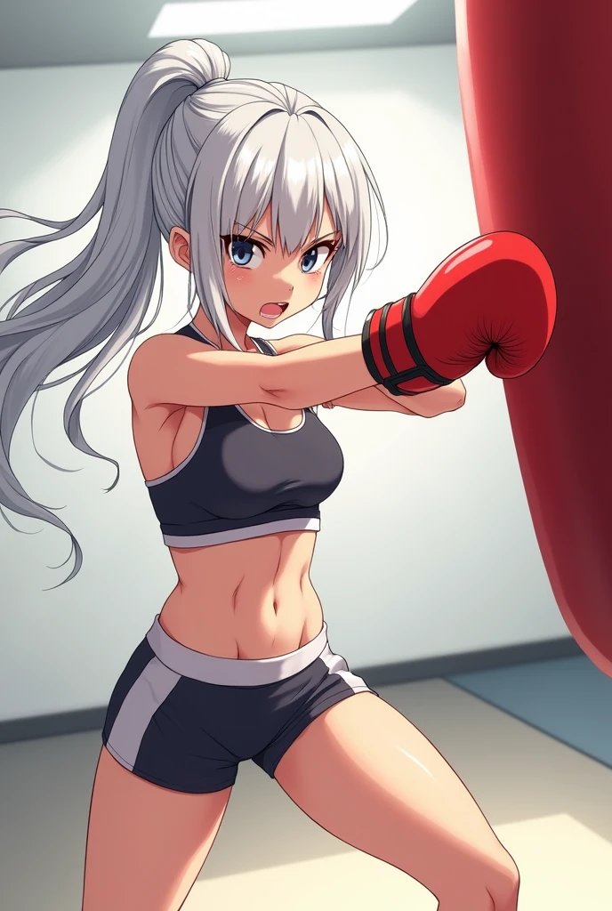 White haired anime girl practicing boxing