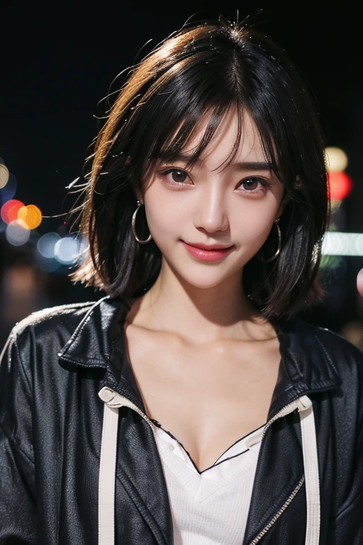 (2 Japanese girl,), (Small breasts:1.5,),(solo,,Textured skin, Detailed skin,Detailed face,Detailed eyes,detailed posing,Natural eyebrows,Sparkling Eyes,High detail, Highest quality, Super detailed, Surrealism, ,8k,RAW Photos,Photographicism,Professional Lighting,Portrait Photography,Soft Light),((Black Hair, Dark Eyes,Natural Makeup,Simple earrings, Bob Hair,ribbon,smile)),(((Downtown at night,Just wear a jacket)))