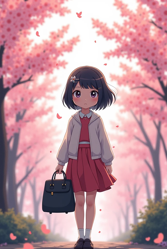 Japanese cartoons, Cartoon shading, illustration,2D, 2D Digital Art,Delicate contour lines,, sharp illustrations,rest,(Small eyes;0.9),Cherry Blossoms, Cherry Blossom Blizzard, schoolgirl, Holding a student bag in both hands, rest, Teenage pretty girl, shortcut, Black Hair, hairpin, Shy face, High school girl