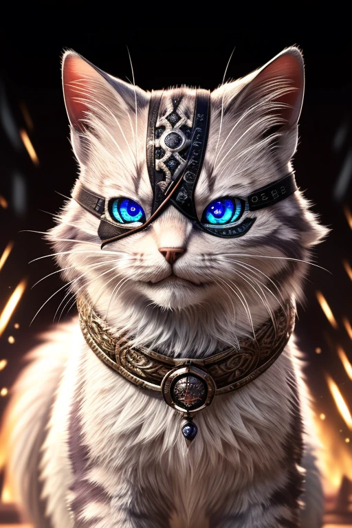 (Highest quality、masterpiece、8k))、Anatomically correct、Very detailed、High resolution、Cinematic lighting、Realistic、((Beautiful, sparkling, detailed eyes))、Intricate details、((Dynamic composition))、Kitten Samurai、Overwhelming power、Eye patch、Yagyu Shininryu