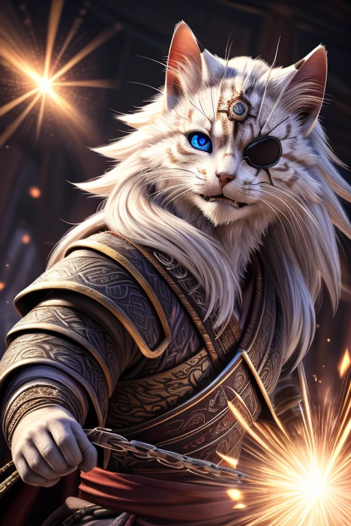 (Highest quality、masterpiece、8k))、Anatomically correct、Very detailed、High resolution、Cinematic lighting、Realistic、((Beautiful, sparkling, detailed eyes))、Intricate details、((Dynamic composition))、Kitten Samurai、Overwhelming power、Eye patch、Yagyu Shininryu