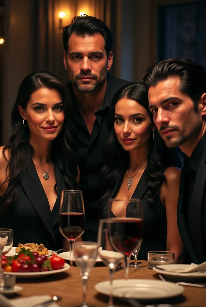 I want a picture of 4 siblings dining together and have veey aesthtic mafia black outfit look but they are happy and supoortive of each other the pictire must show them with an attitude but should show that they have strong bond and will stick together.