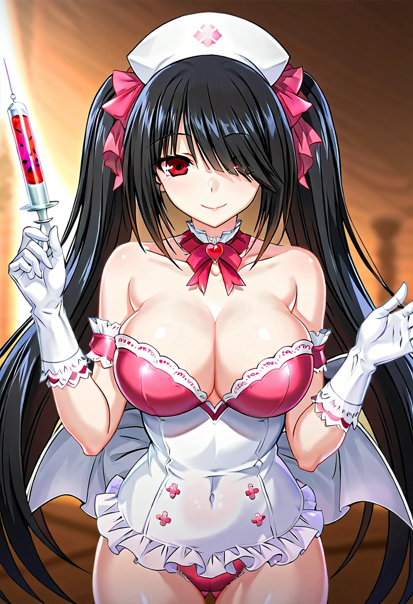 tokisaki kurumi,((masterpiece)),(((best quality))),((ultra-detailed)),((illustration)),((disheveled hair)),((frills)),(1 girl),(solo),((Masterpiece, top quality, high resolution, highly detailed CG unified 8K wallpaper)), (huge stunning goddess shot, very hot and sexy, jaw-dropping beauty, perfect proportions, beautiful body, slim body beauty:1.3), (Three sexy nurse:1.3), (Wearing a nurse's uniform, holding a large syringe, and smiling like an angel),Simple background, Blurred Background, Glossy background,Hairstyle,upper body,