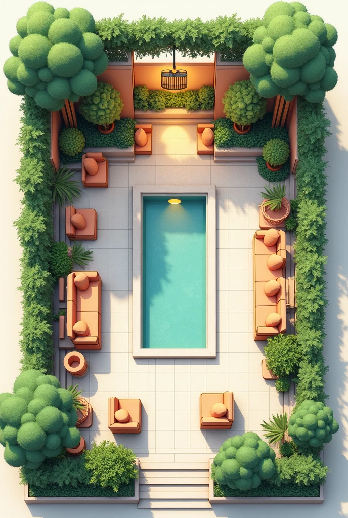 Architectural plan of a student reception with vegetation, pastel colors , and with an oasis and furniture