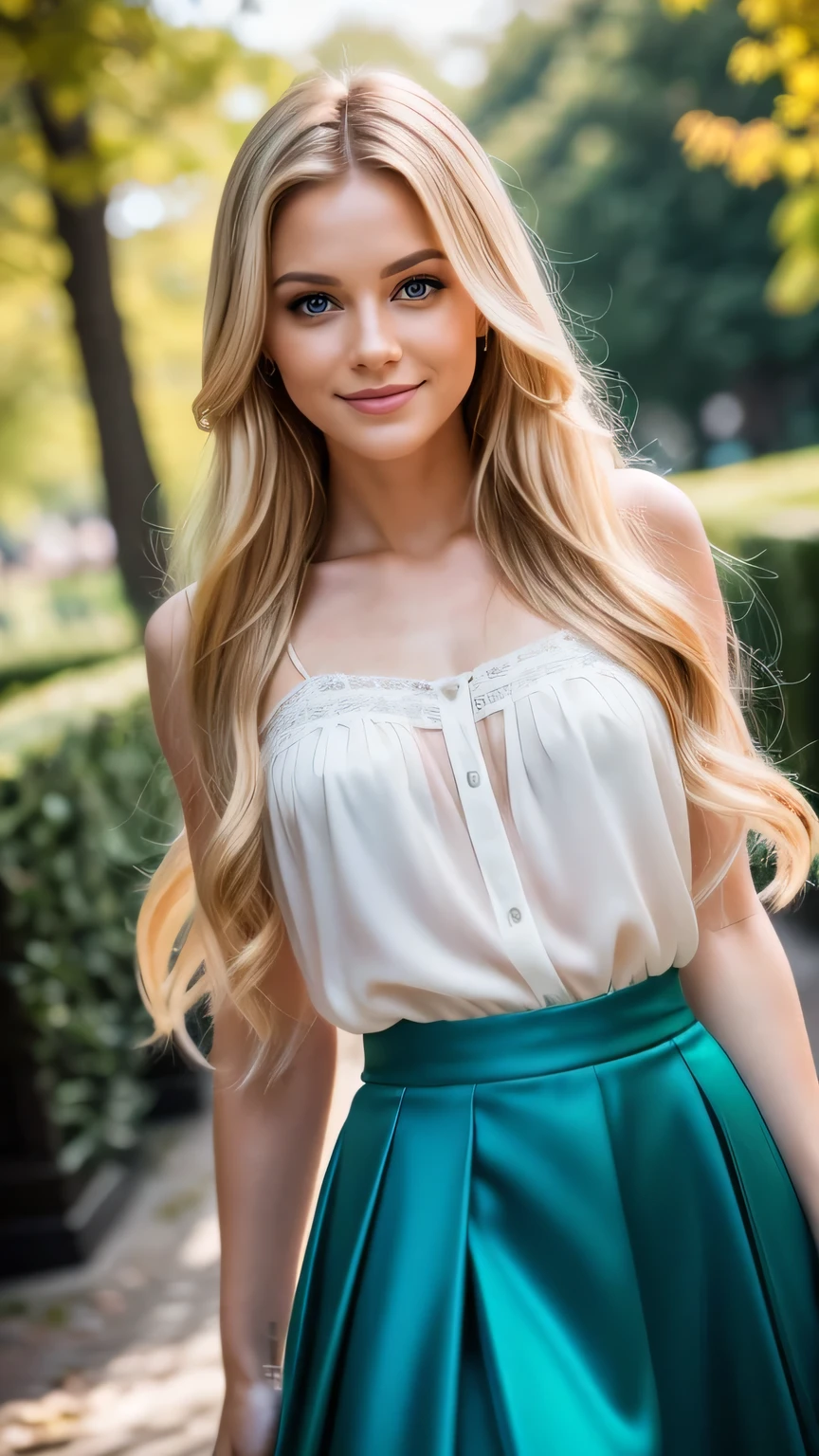 Realistic full body photo of a smiling, Young blonde woman with long hair, She dances in front of the camera in a silk blouse with a green skirt..., Park,glamour fotoshooting, Park, perfect anatomy, perfect blue eyes. Perfect hands with 5 fingers on each hand, Matching girl, look into the camera, 1 Frau. (Eye make up:1.1), (highly detailed skin:1.1), spirit, analog style, keen focus, 8K UHD, dslr, good quality, Fujifilm XT3, Grain, Award-winning, masterpiece. Park