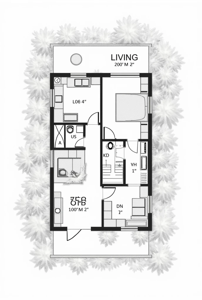 Building paln 20"×50" with 2 bedroom 1 kitchen 1 hall 2 let bath and stairs with dimension