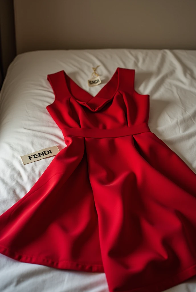 Make a picture of a bed, in this simple bed, has a red dress on top, beautiful and expensive dress, your brand is fendi, make a label on it as if it had never been used, with the words fendi written on it, remember to make a realistic red fendi dress, show the tag hanging as if it was never used, remember to take a simple photo that looks like it was taken by a cell phone, any realistic photo