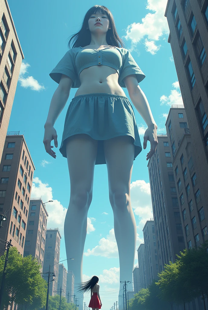 (Giant girl Art), (Super Best masterpiece giant girl Raw Photography Art), (16K, Highest quality, Ultra-high resolution, RAW Photos), (Although it is the real world, It's so unrealistic.), (Very detailed depictionの, Giantess, 50,000ft, Ultra-realistic), (Japanese Girls, So beautiful and detailed, Perfect female body, Accurate female body structure, Accurate female body movements, Highly detailed female body, Super big breasts), Short sleeve shirt, Short skirt, I can see your pants, Very cute face, (Very detailed depiction, Clear and accurate perspective depiction, Ultra-wide field of view, Focus on the average value of the image), Looking up at the sky between the skyscrapers,The view from the building, はるか遠くにいるGiantessの大きさが, It's too big to imagine, It approaches while destroying all buildings on the ground., smiling at us