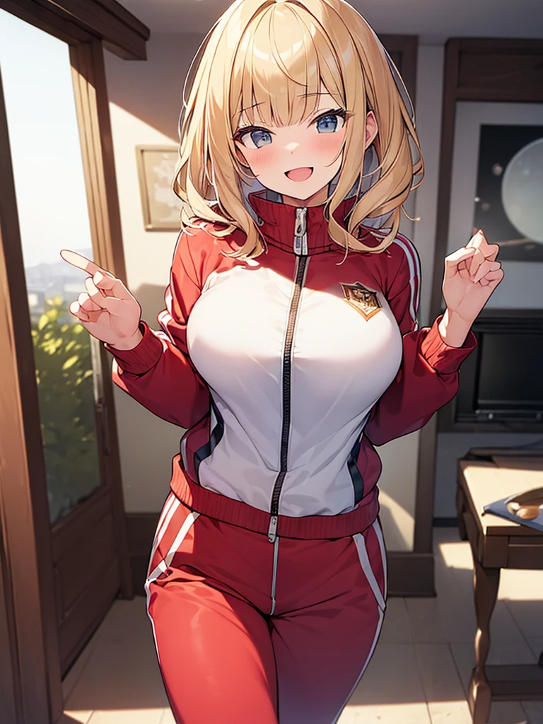 (Masterpiece, Top quality:1.5), full body, (1 beautiful girl, solo:1.2), (short height:1.2), (tracksuit:1.3), Blonde hair:1.1, medium Hair, wavy Hair, asymmetry bangs, swept bangs, airy hair, large breasts:1.2, smile:1.3, blush, beautiful scene of living room, magnificent panorama view, blurry background, open mouth, dynamic pose, dynamic angle