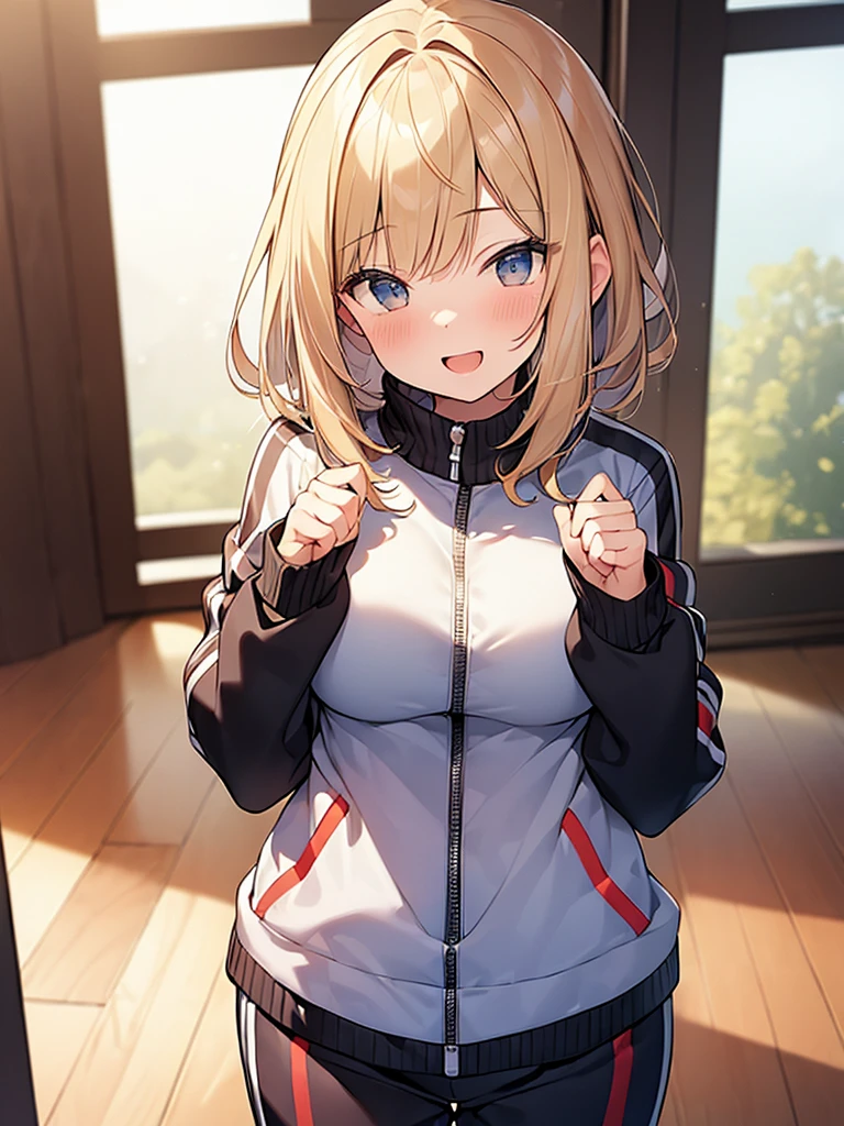 (Masterpiece, Top quality:1.5), full body, (1 beautiful girl, solo:1.2), (short height:1.2), (tracksuit:1.3), Blonde hair:1.1, medium Hair, wavy Hair, asymmetry bangs, swept bangs, airy hair, large breasts:1.2, smile:1.3, blush, beautiful scene of living room, magnificent panorama view, blurry background, open mouth, dynamic pose, dynamic angle