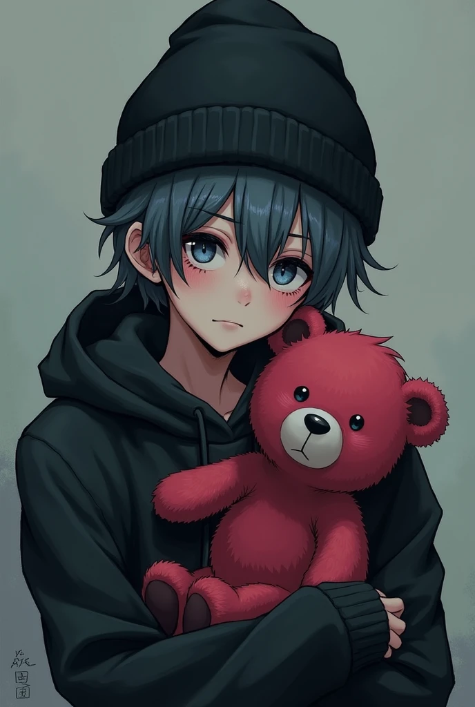 person holding cranberry color bear, feels numb, person hair is short and has tye dye hair, black beanie on head, goth, has blue eyes,  boy