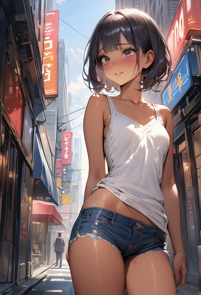 ((masterpiece,Highest quality:1.3,best quality illustration)),(realistic:1.2)、cowboy shot,solo,1 mature woman,(Mature Beauty),black hair,(very short bob hair),bangs,black eyes,(gorgeous big eyes),(very small head),shy,smile,(very long body,skinny,slender body,tan skin),small breasts,gleaming skin,oily skin,((Navy blue casual blouson))、denim micro shorts,White tank top,on street,New York City、
